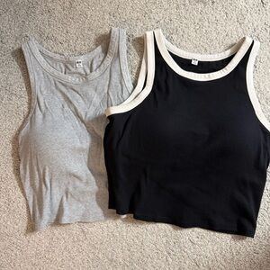 Set of 2 Uniqlo Bra Tank Tops - Ribbed Tanks with Built in Shelf Bra Black Gray